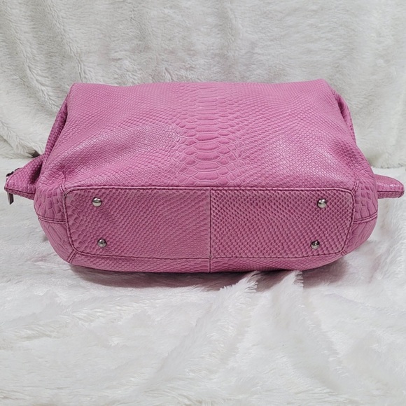 Charles Jourdan Croc Embossed Leather Satchel Bag in Bubblegum Pink - Picture 3 of 16